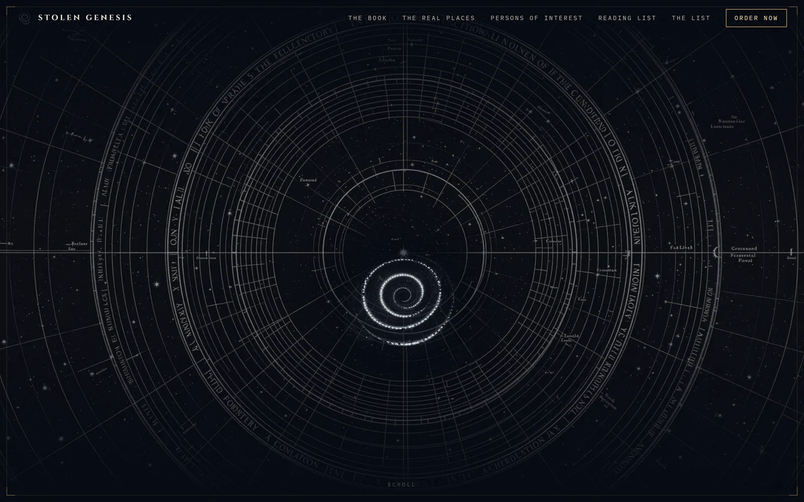 The Stolen Genesis homepage: a cinematic midnight-navy hero with an antique star chart and a silver spiral